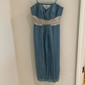 Nicole Miller blue and silver metallic strapless bubble hem cocktail dress